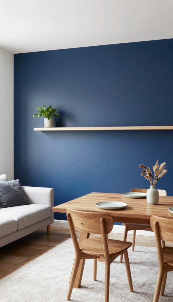 Small living room with navy accent wall behind dining table, floating shelf with plant, neutral sofa, bright natural light