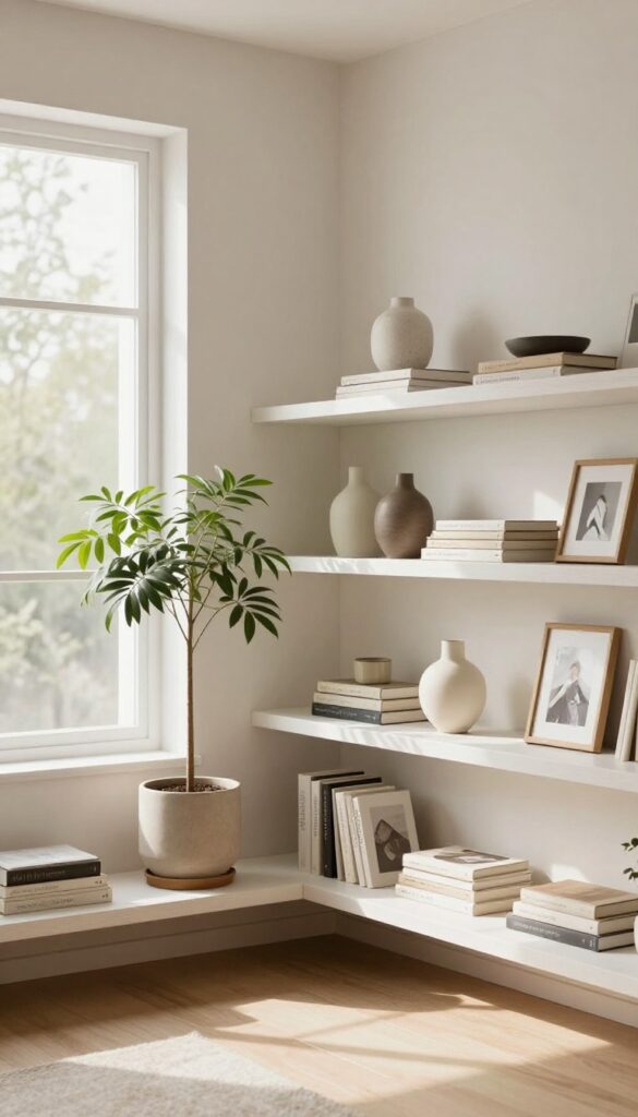 Floating corner shelves styled with plants and books in a bright living room
