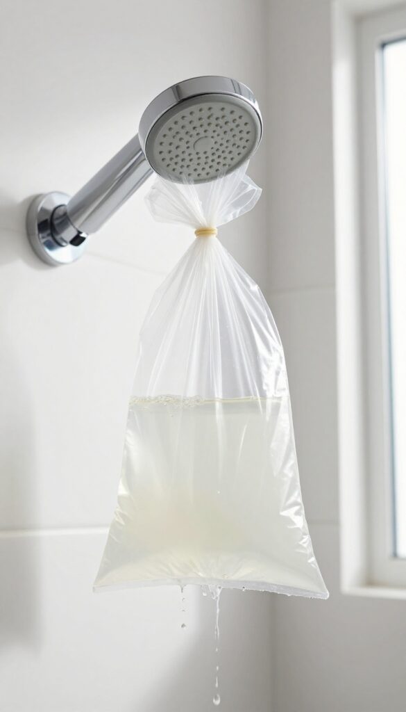 Plastic bag filled with vinegar tied around a fixed shower head for deep cleaning