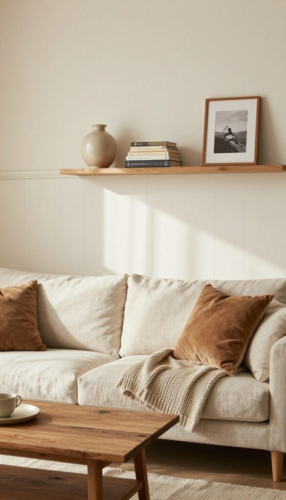 Cozy living room with warm wainscoting, picture ledge, linen sofa, and natural textures