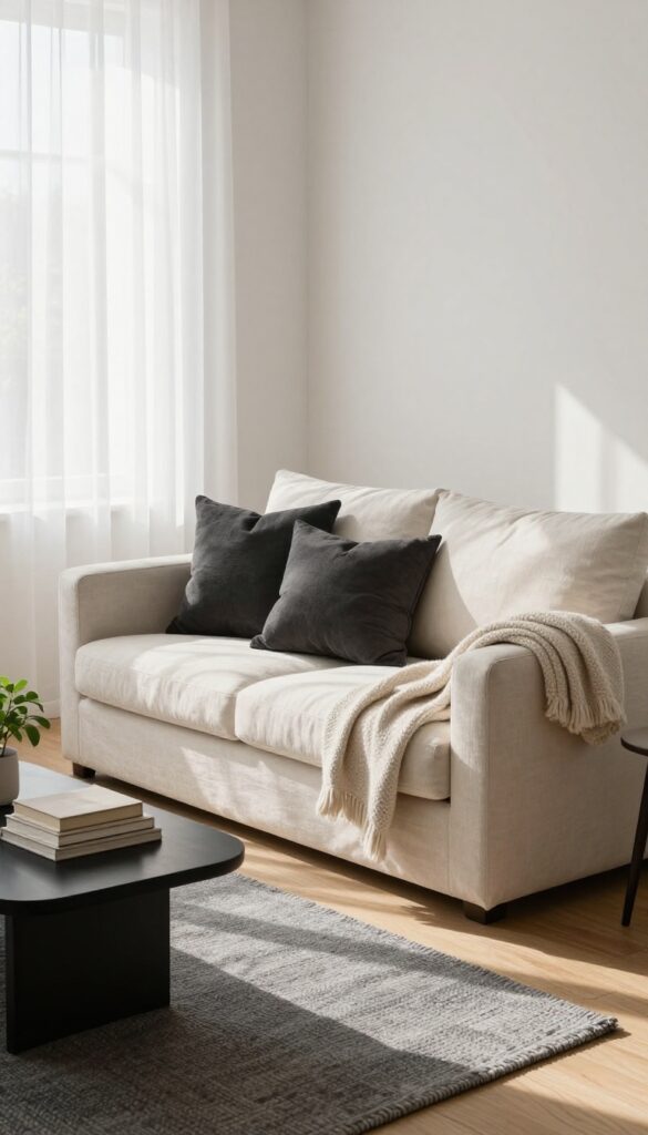 Bright living room with a light cream sofa, dark accent pillows, black coffee table, and natural light from curtains.