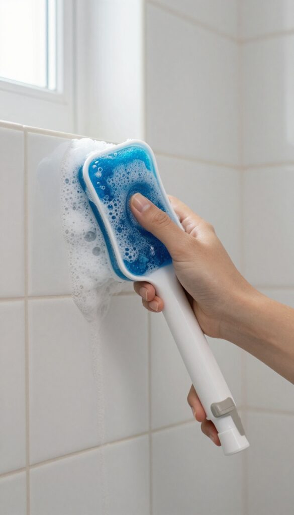Hand using a dish wand to scrub a shower wall with soapy blue solution