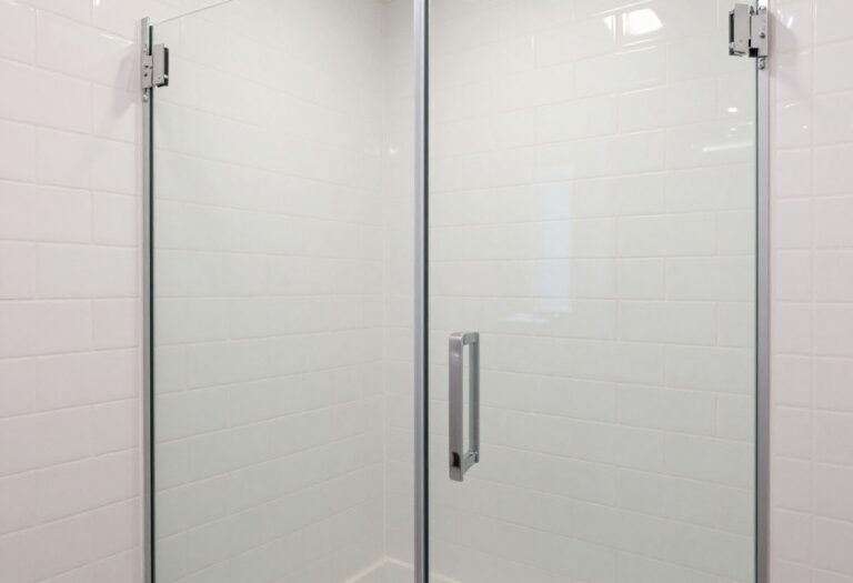 Clean white tile shower walls with glass doors, sparkling after cleaning