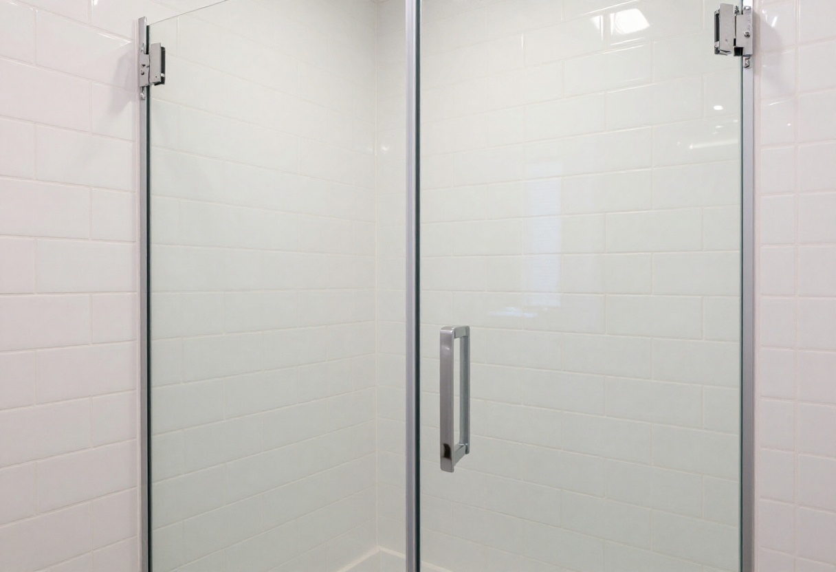 Clean white tile shower walls with glass doors, sparkling after cleaning