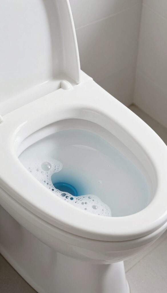 Close-up of a toilet bowl with dish soap and hot water, bubbles, clean bathroom setting
