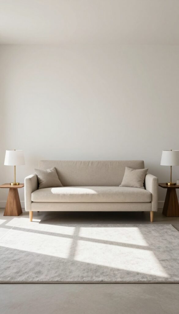 Small living room with symmetrical sofa layout, centered beige sofa, matching end tables and lamps, light rug, natural light