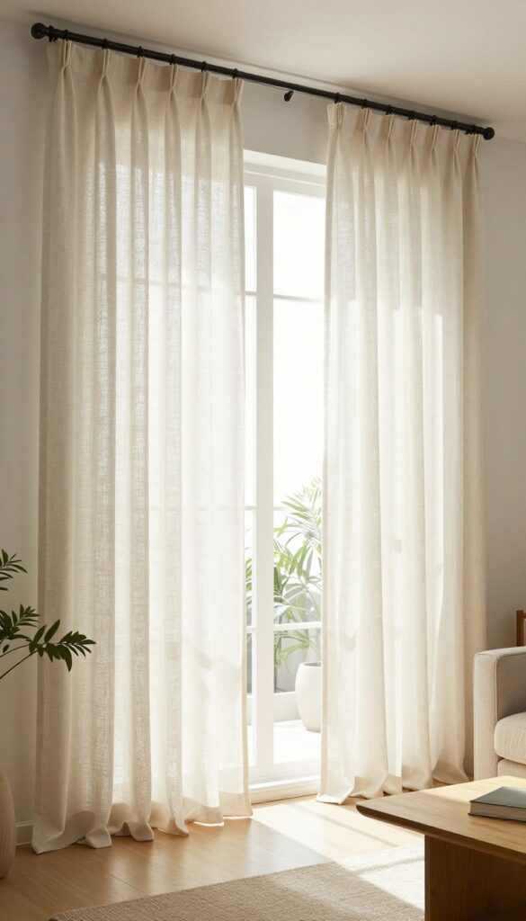 Living room with high-hanging ivory linen curtains framing a large window, soft natural light, neutral decor, and a calm, airy atmosphere
