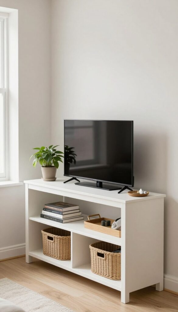 L-shaped TV console in a living room corner with TV, plant, books, and woven baskets, bright natural light.