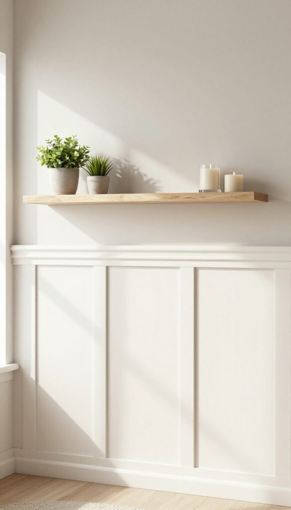 Warm off-white wainscoting in a modern living room with floating shelf decor