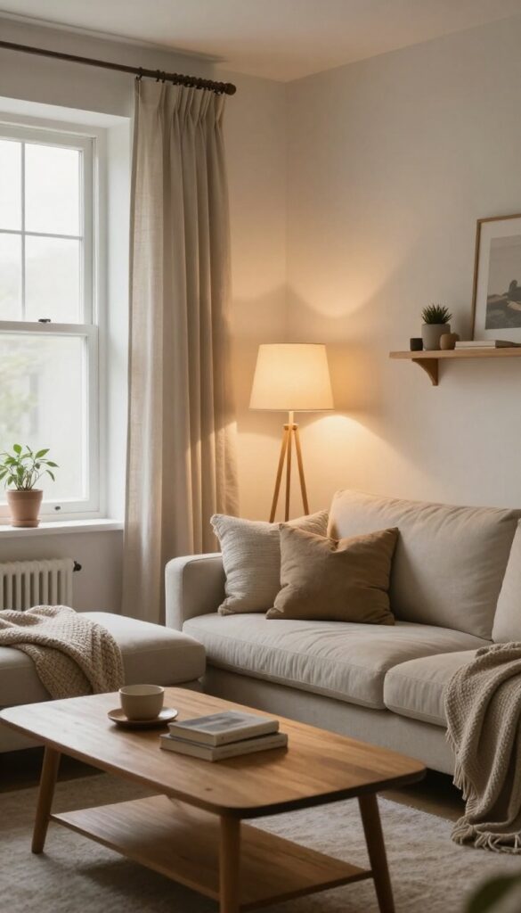Cozy cottage living room with layered warm lighting from table lamp, floor lamp, and sconce, creating a soft golden glow