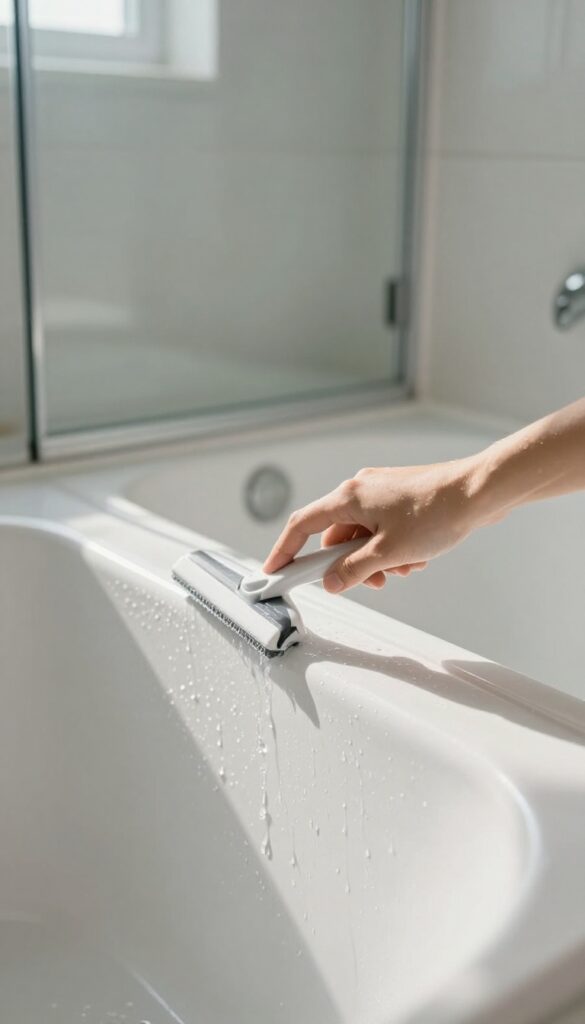 Hand using squeegee on wet bathtub wall in bright bathroom