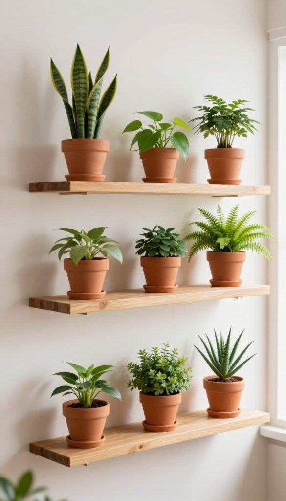 A row of small plants in matching terracotta pots on a wooden shelf, with varied leaf shapes and heights, in natural light.