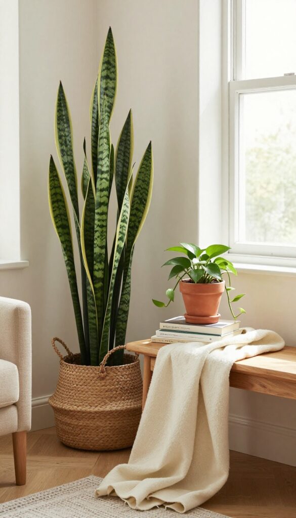 Cozy living room corner with snake plant and pothos adding greenery, warm natural light, woven basket and terracotta pots.