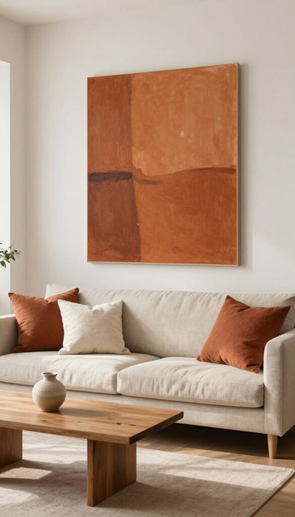 Oversized abstract art above a neutral sofa in a bright, cozy living room.