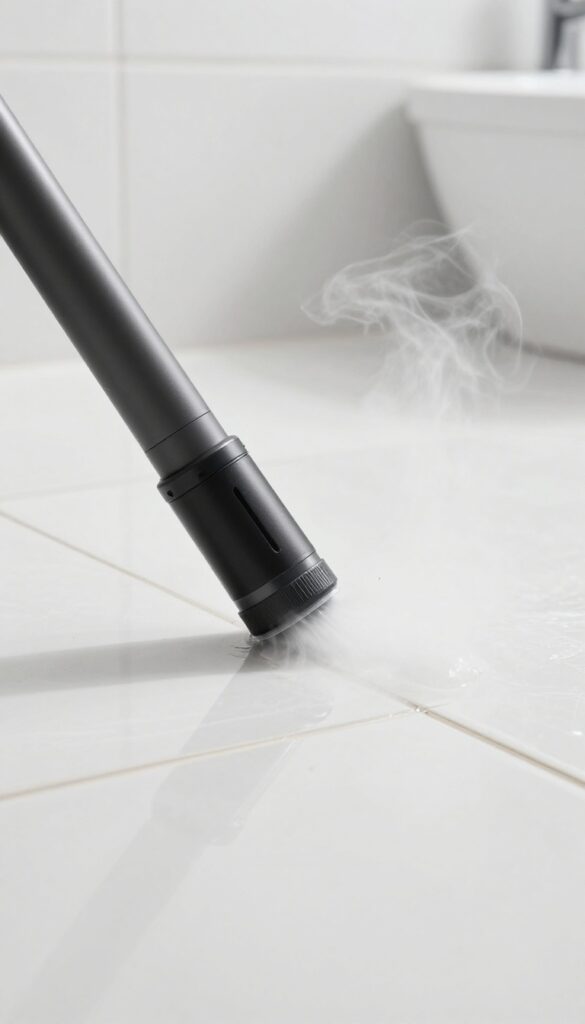 Steam cleaner cleaning bathroom grout and tiles