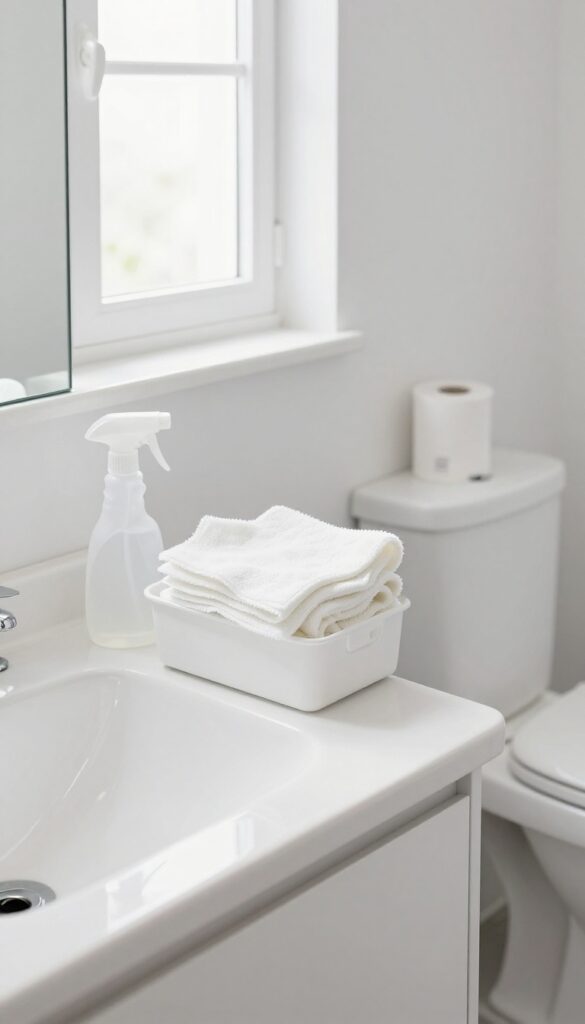 A clean bathroom with cleaning supplies and natural light