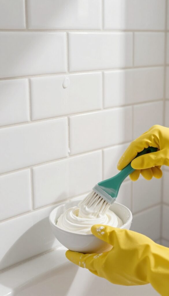 Hand applying DIY lemon juice and cream of tartar paste onto bathroom grout with a brush, natural light, clean aesthetic.
