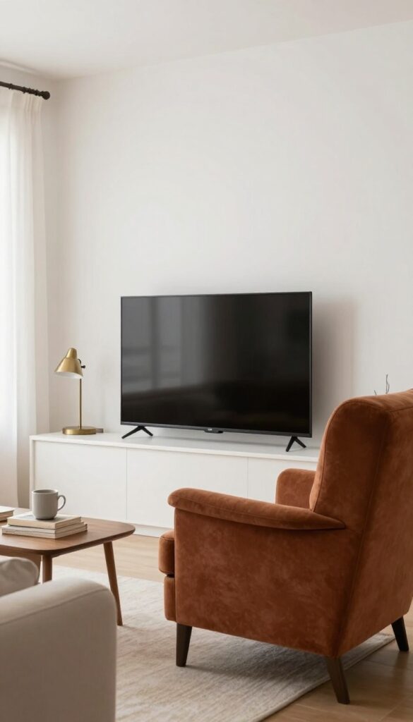 Cozy living room with TV wall and angled accent chair creating a reading nook
