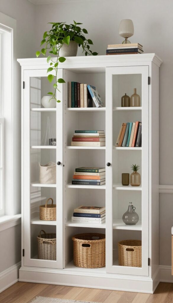 Built-in cabinets with adjustable shelves in a living room, hiding toys behind closed doors, with decor on top.