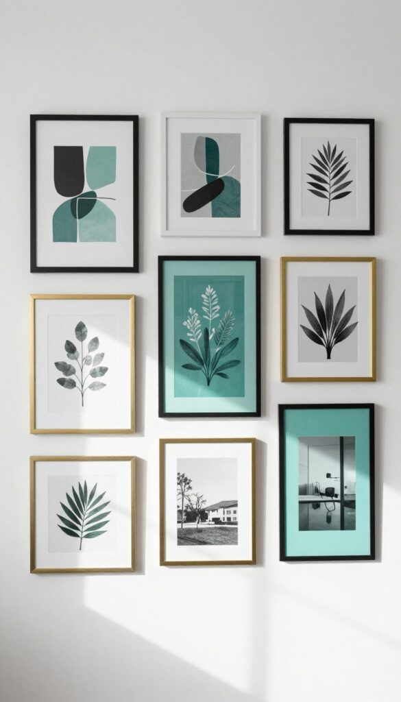 Gallery wall with mixed frames featuring teal artwork in a bright modern living room
