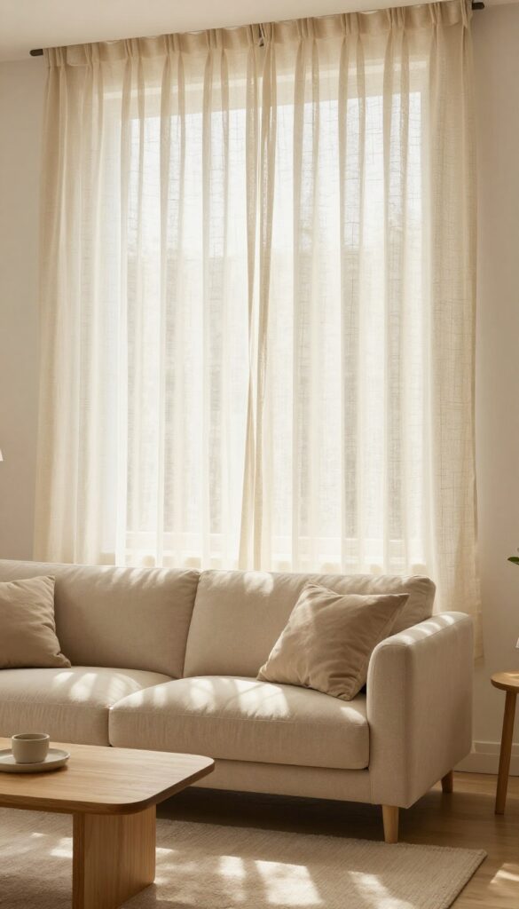Cozy beige living room with floor-to-ceiling sheer linen curtains filtering soft natural light, small-space friendly.