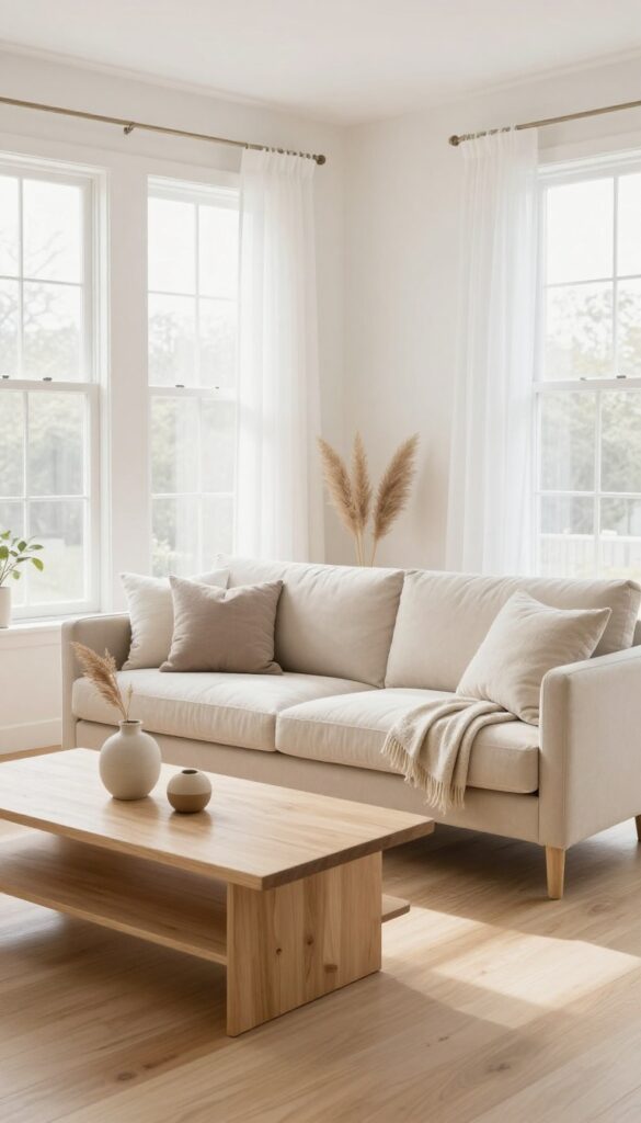 A light and airy living room featuring a two-tone couch with cream seat and taupe backrest, pale oak legs, linen pillows, and natural decor in soft daylight.