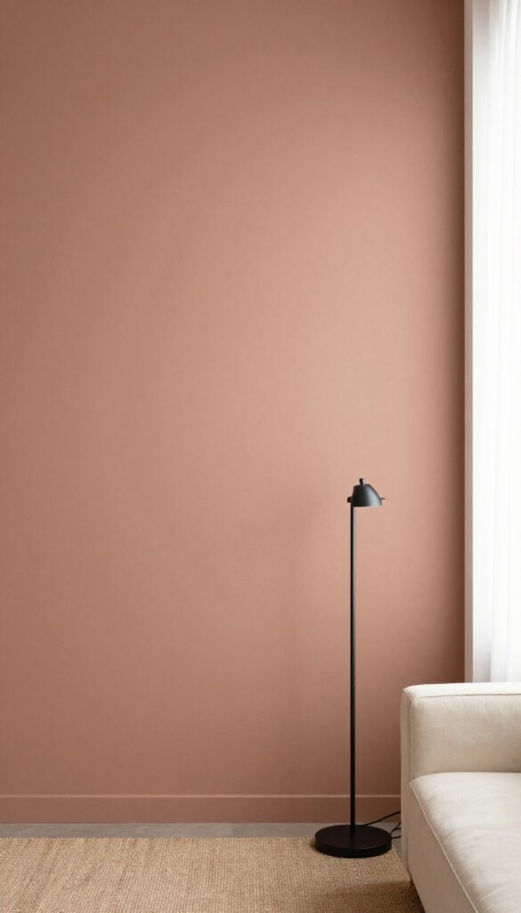 Soft clay painted living room wall with black floor lamp and natural fiber rug, warm earthy tones