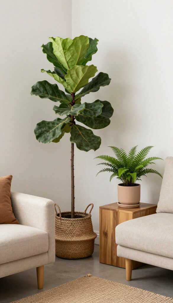 Cozy living room corner with tall fiddle-leaf fig and ferns in earthy pots, natural light, layered textures
