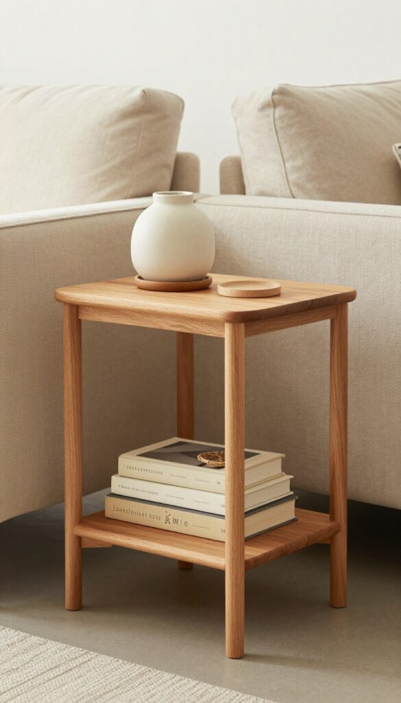 Side table with shelf holding lamp, books, and basket in cozy living room