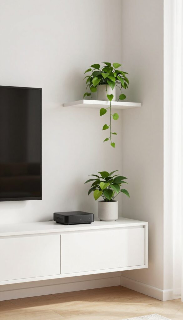 Floating shelf TV stand in a living room corner with a clean, airy look