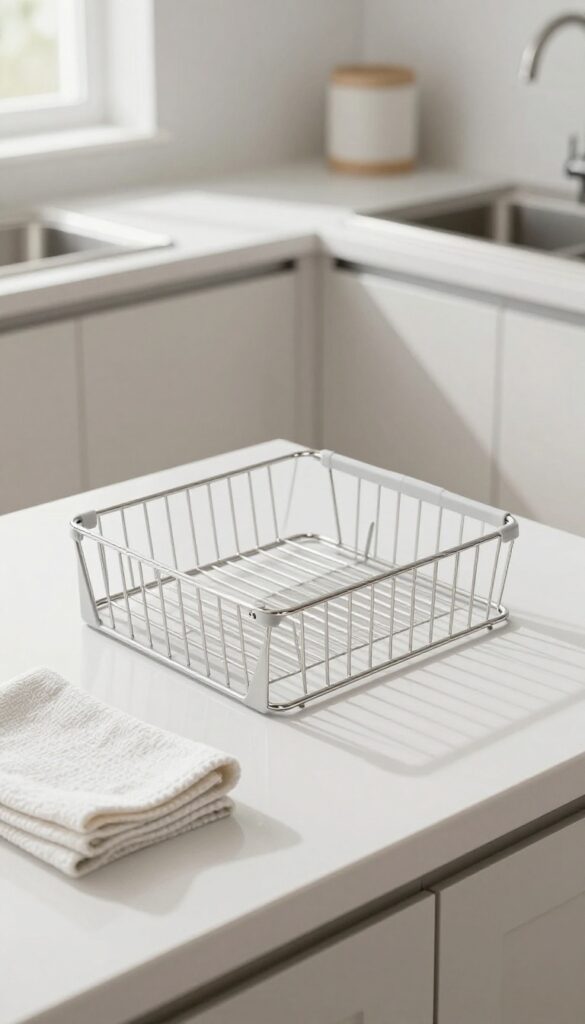 Empty dish drying rack stored on a clean kitchen counter with sunlight and tidy cabinets in background