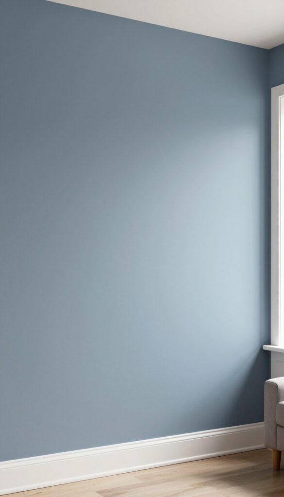 Living room wall with painted molding grid in soft blue-gray, natural light, clean composition