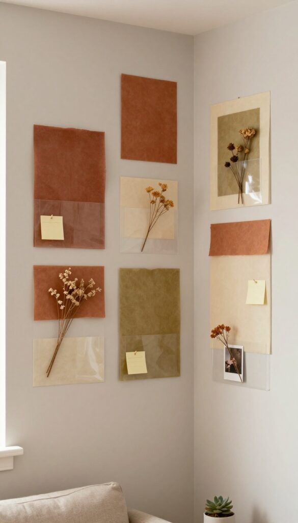 A washi tape art wall with clear adhesive pockets in a cozy living room corner