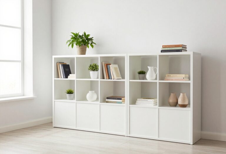 Sleek white IKEA Besta storage wall in a bright living room with plants and decor