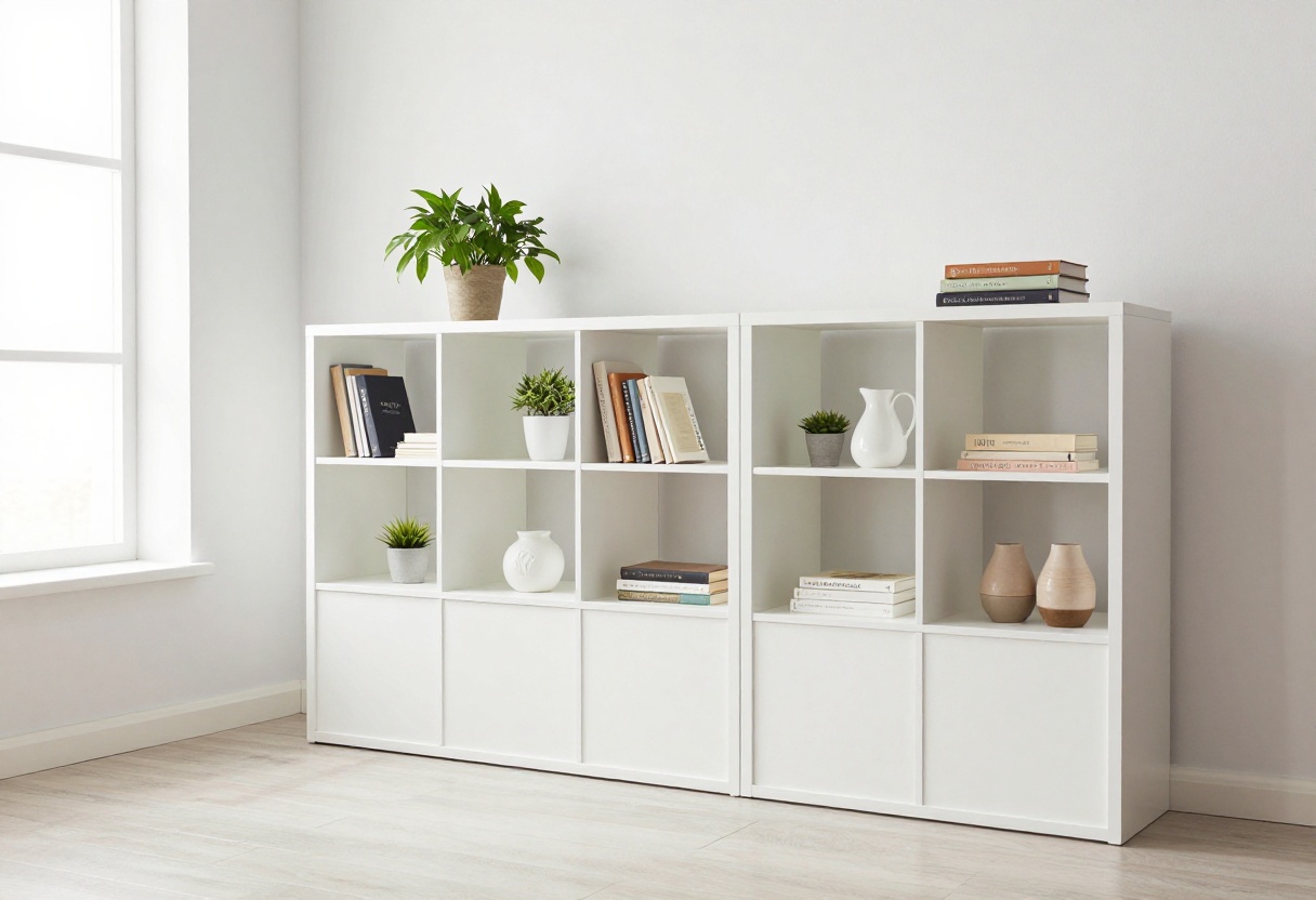 Sleek white IKEA Besta storage wall in a bright living room with plants and decor
