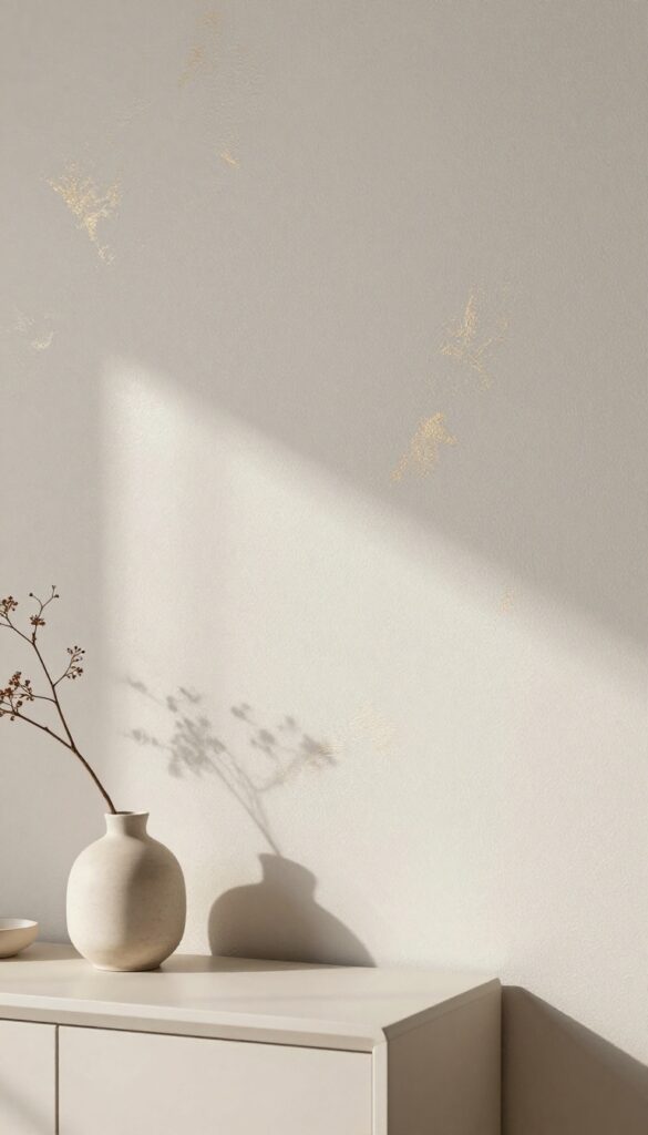 Close-up of a metallic accent wallpaper on a neutral base in a modern living room, with minimal decor and soft lighting.