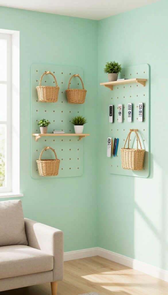 A wall-mounted mint green pegboard in a bright living room, holding baskets and small decor items, with natural light and a cozy sofa in the background.