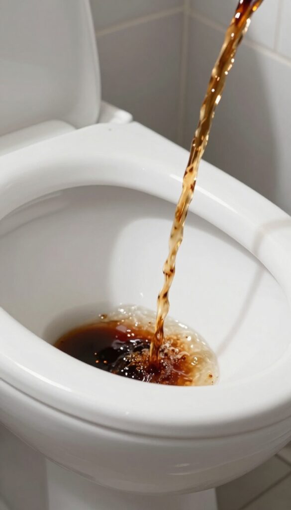 Pouring Coca-Cola into a toilet bowl to remove rust stains