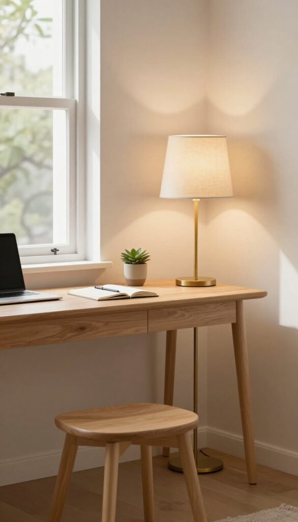 Small desk with backless stool and warm floor lamp in a cozy living room corner