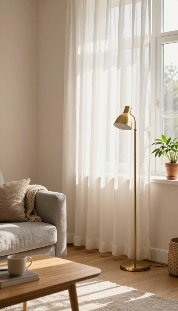 Bright living room with blush pink walls, gray linen sofa, brass lamp, and natural wood accents
