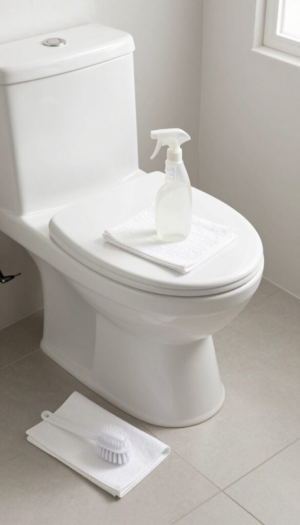 Bathroom cleaning tools arranged for a monthly deep clean of a toilet