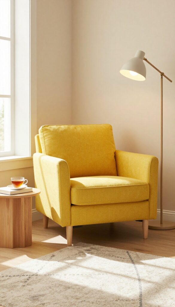Cozy reading nook with fuchsia armchair, floor lamp, and side table in bright living room corner