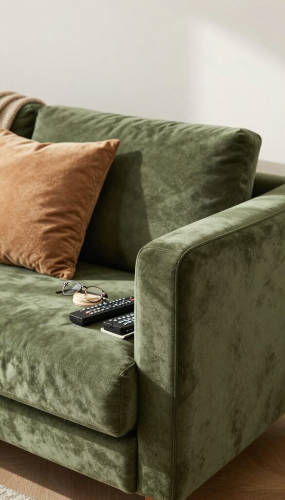 Green velvet sofa with built-in storage armrest open, revealing remote, coasters, and glasses in warm natural light