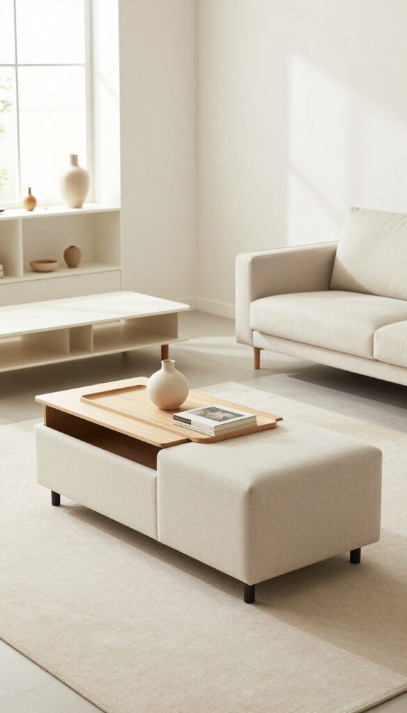 Small living room with multi-functional furniture including a storage ottoman, lift-top coffee table, nesting tables, and a sofa with built-in shelves.