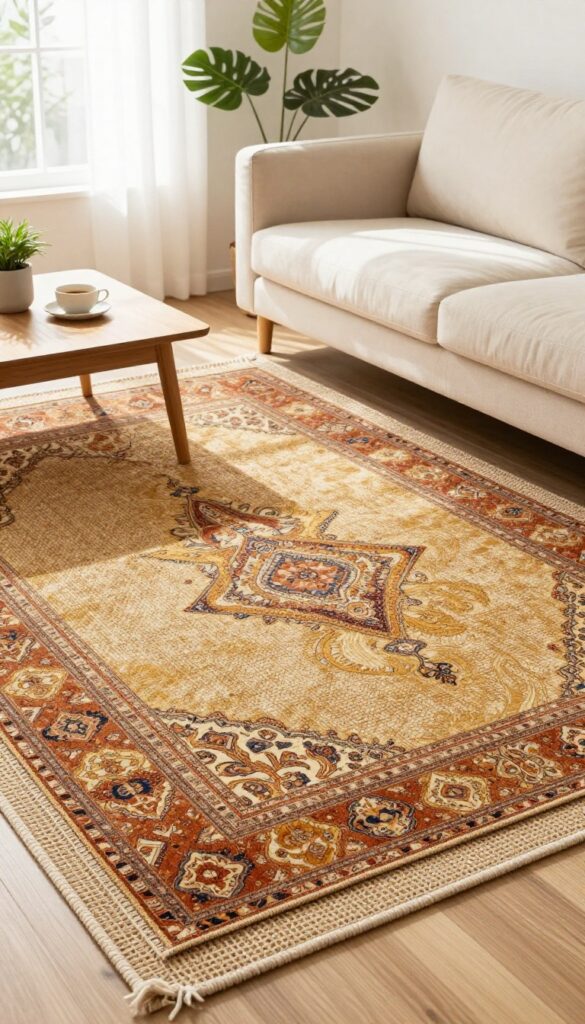 Layered rugs in a cozy living room, with a neutral jute base and a patterned kilim rug on top, creating a collected-over-time feel.