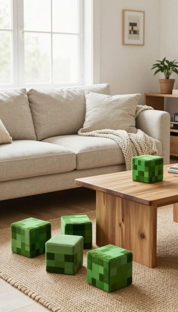 Cozy living room with three green cube ottomans arranged as a coffee table, neutral sofa, natural light, warm and inviting atmosphere.