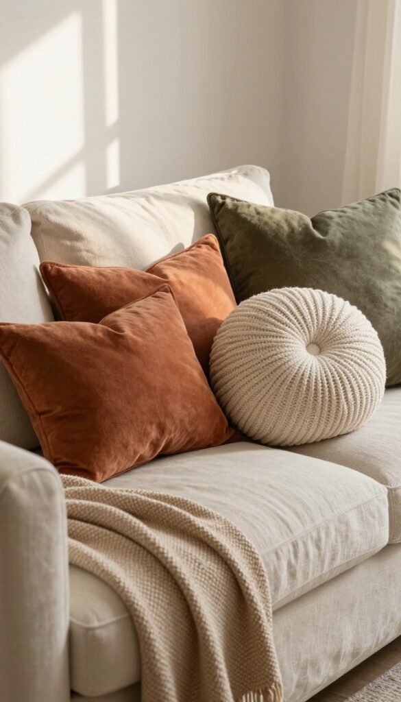 Cozy living room sofa with layered pillows in terracotta, cream, and olive tones, varying sizes and textures, natural light, lived-in feel