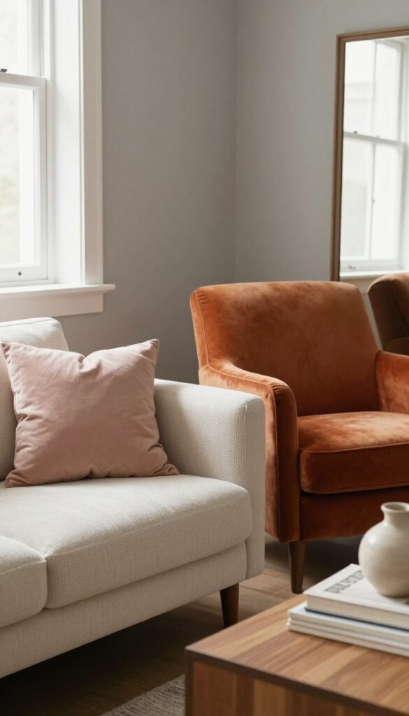 Cozy small living room with warm gray taupe walls, low-profile neutral furniture, burnt orange accent chair, large mirror, natural light, textured throws and pillows.