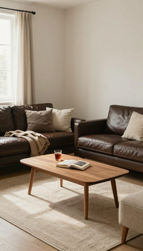 Open layout living room with leather sofa, armchairs, coffee table, and rug, natural light, cozy and layered