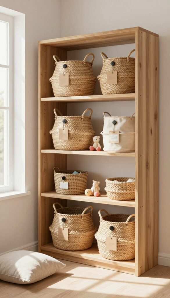 Alcove with open shelves and stylish bins for toy and game storage in a bright living room
